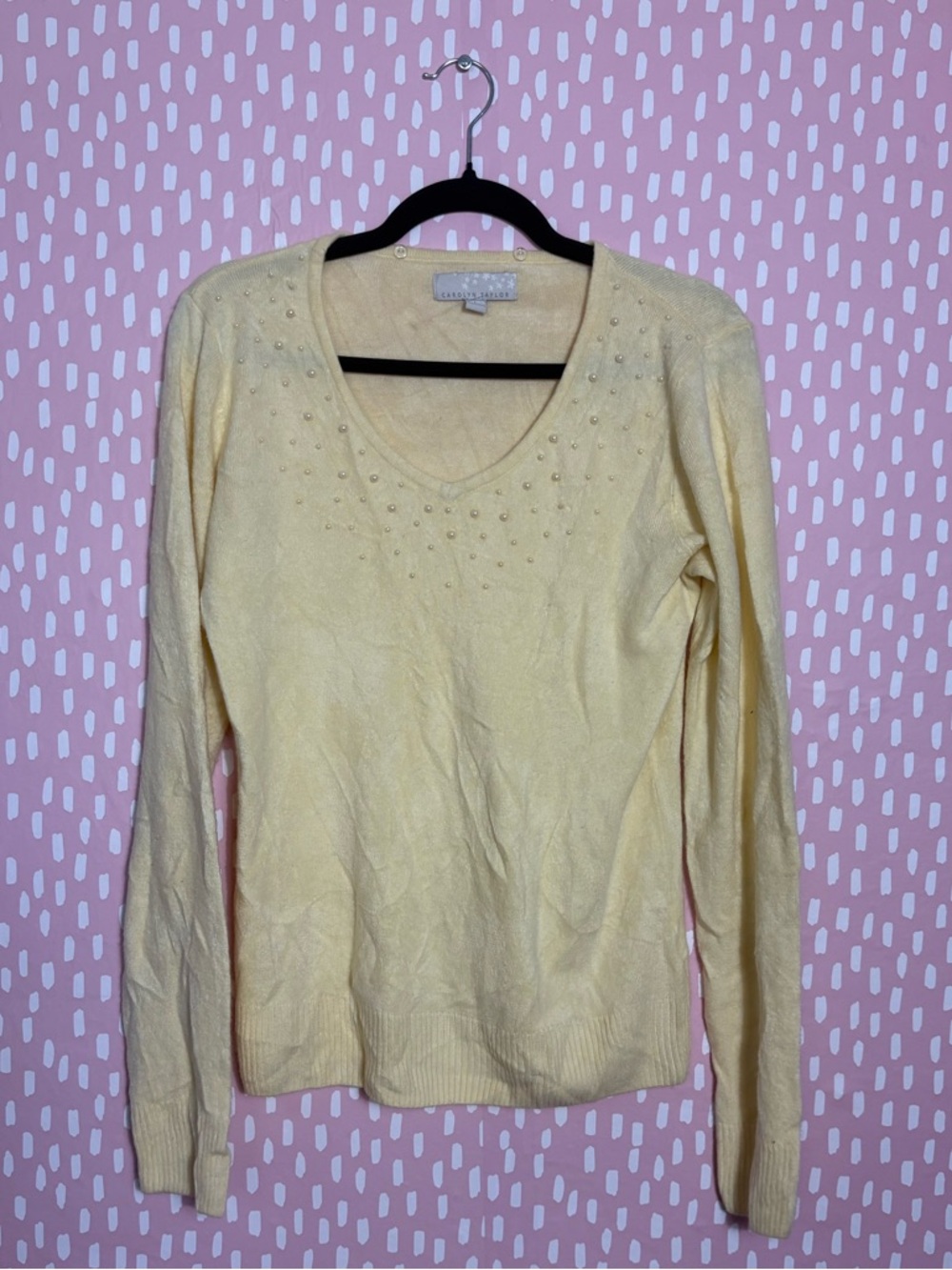 Carolyn Taylor Pale Yellow V-Neck Sweater with Bead Detail Womens L vintage